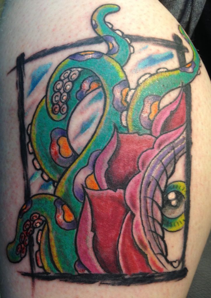 Color octopus tattoo, close-up